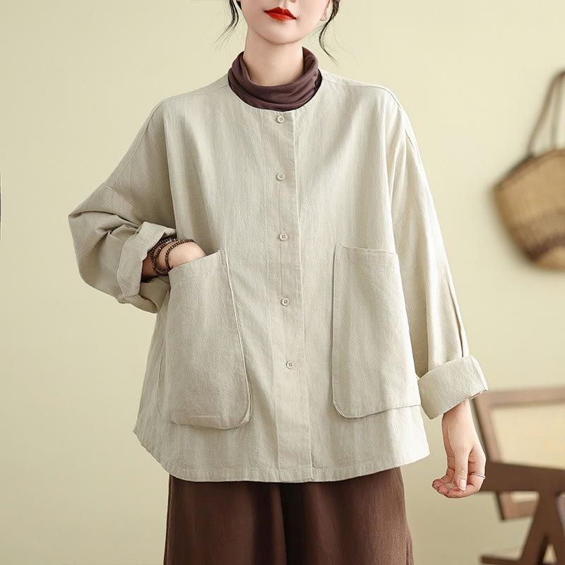 Veste en coton à manches longues et col ras du cou pour femme Buddha Stones avec poches - image 1
