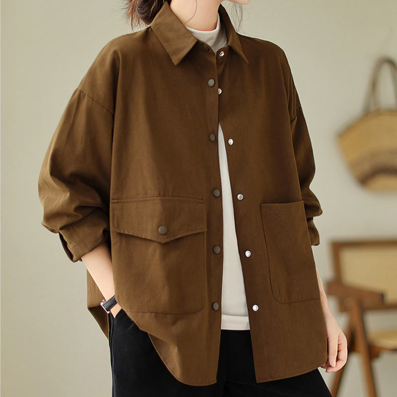 Veste en coton boutonnée à manches longues et poches pour femme Buddha Stones - image 1