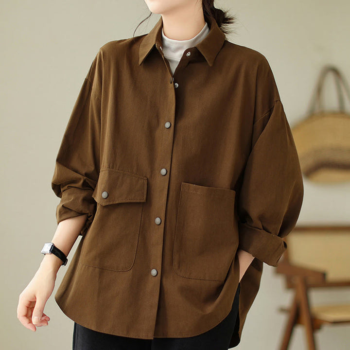 Veste en coton boutonnée à manches longues et poches pour femme Buddha Stones - image 3