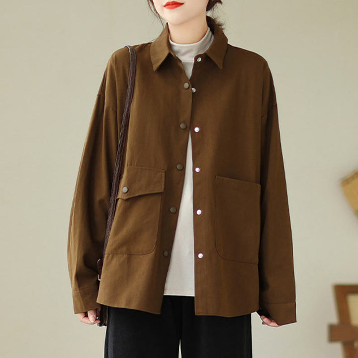 Veste en coton boutonnée à manches longues et poches pour femme Buddha Stones - SaddleBrown - US14，UK/AU18，EU46 (2XL) - image 0