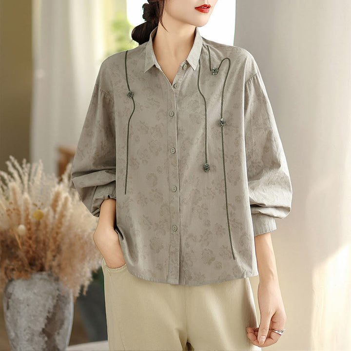 Chemise décontractée à manches longues en polyester pour femme, motif floral brodé Buddha Stones - Gris foncé - US8-10，UK/AU12-14，EU40-42 (2XL) - image 0