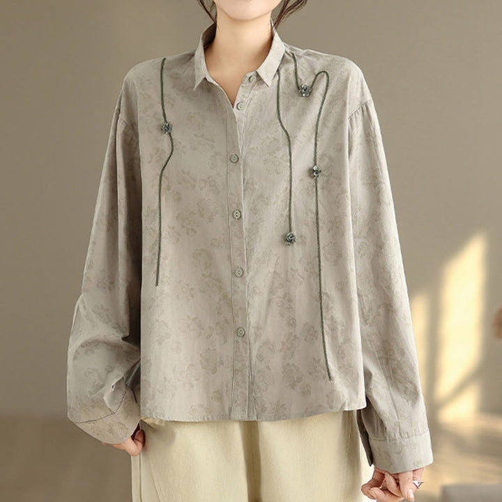 Chemise décontractée à manches longues en polyester pour femme, motif floral brodé Buddha Stones - image 4