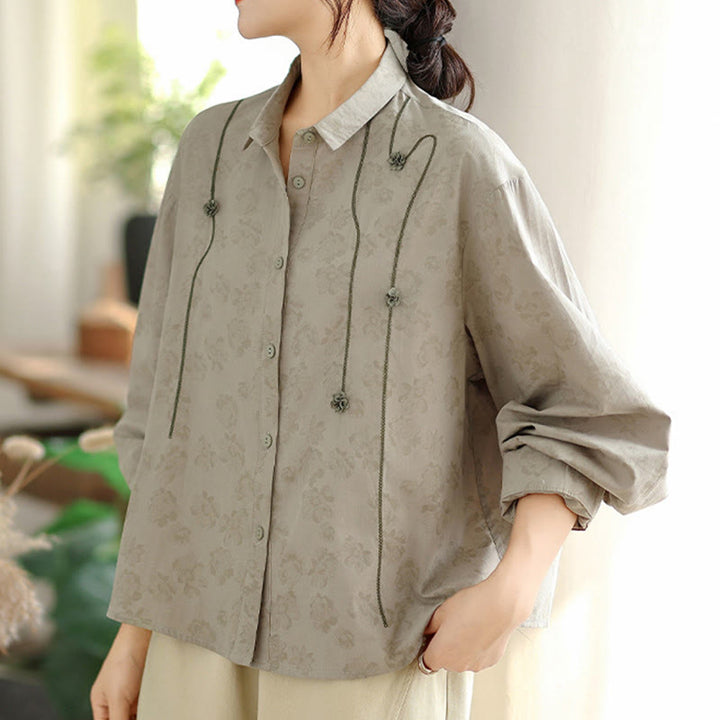 Chemise décontractée à manches longues en polyester pour femme, motif floral brodé Buddha Stones - image 2