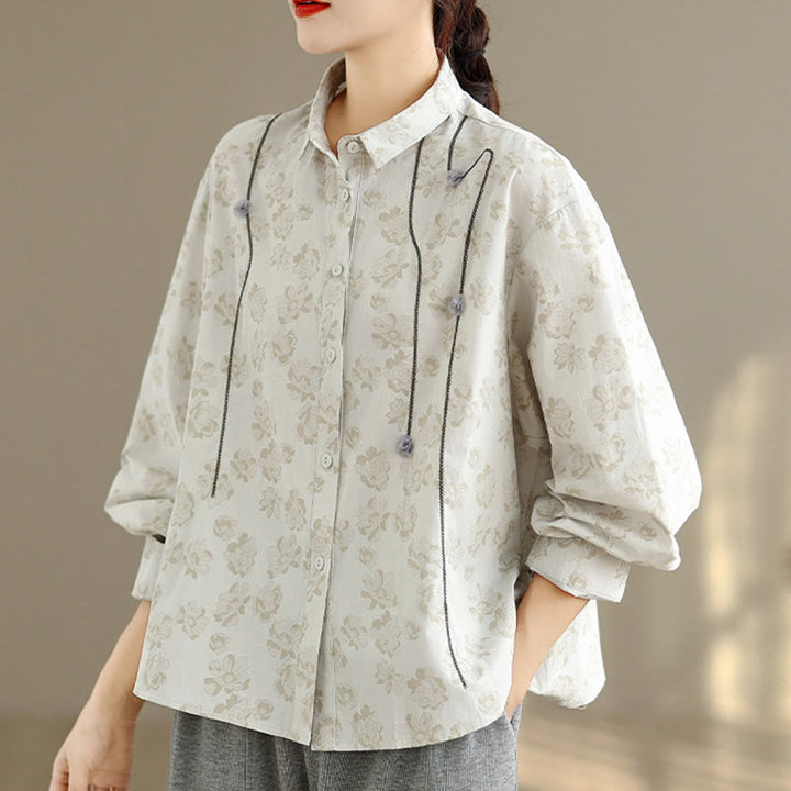 Chemise décontractée à manches longues en polyester pour femme, motif floral brodé Buddha Stones - image 11