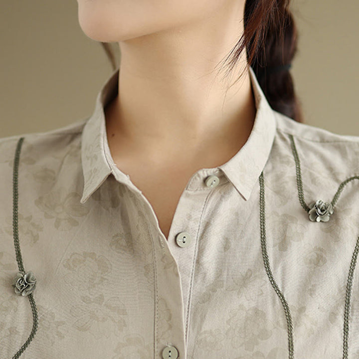 Chemise décontractée à manches longues en polyester pour femme, motif floral brodé Buddha Stones - image 12
