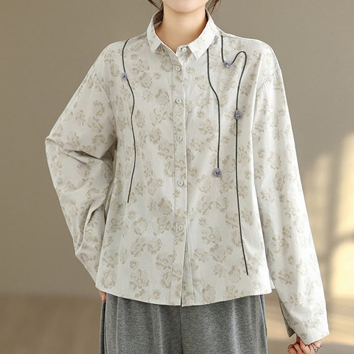 Chemise décontractée à manches longues en polyester pour femme, motif floral brodé Buddha Stones - image 13
