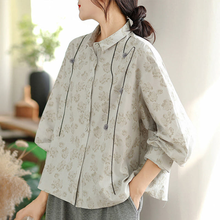 Chemise décontractée à manches longues en polyester pour femme, motif floral brodé Buddha Stones - image 9