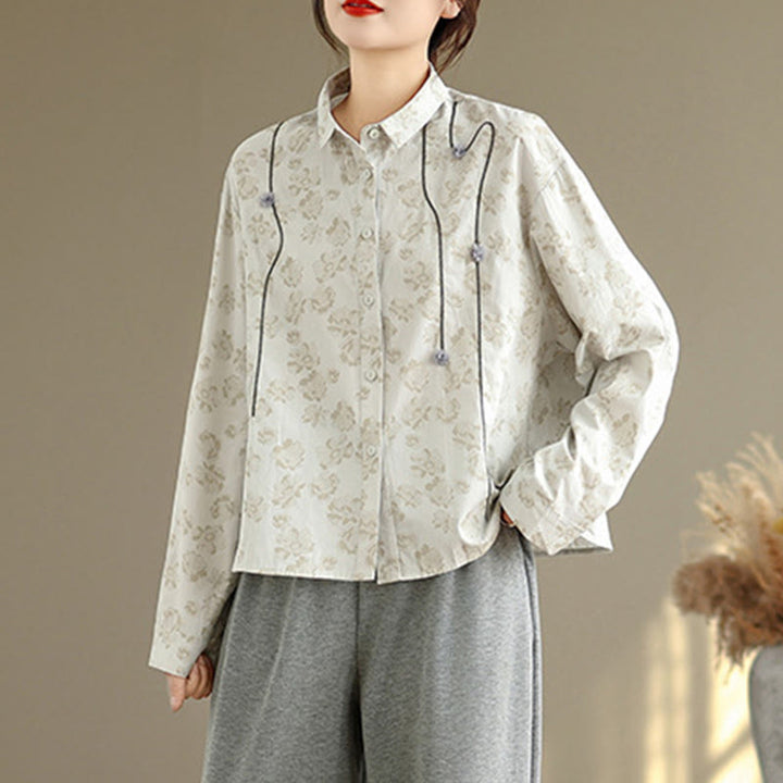 Chemise décontractée à manches longues en polyester pour femme, motif floral brodé Buddha Stones - image 8