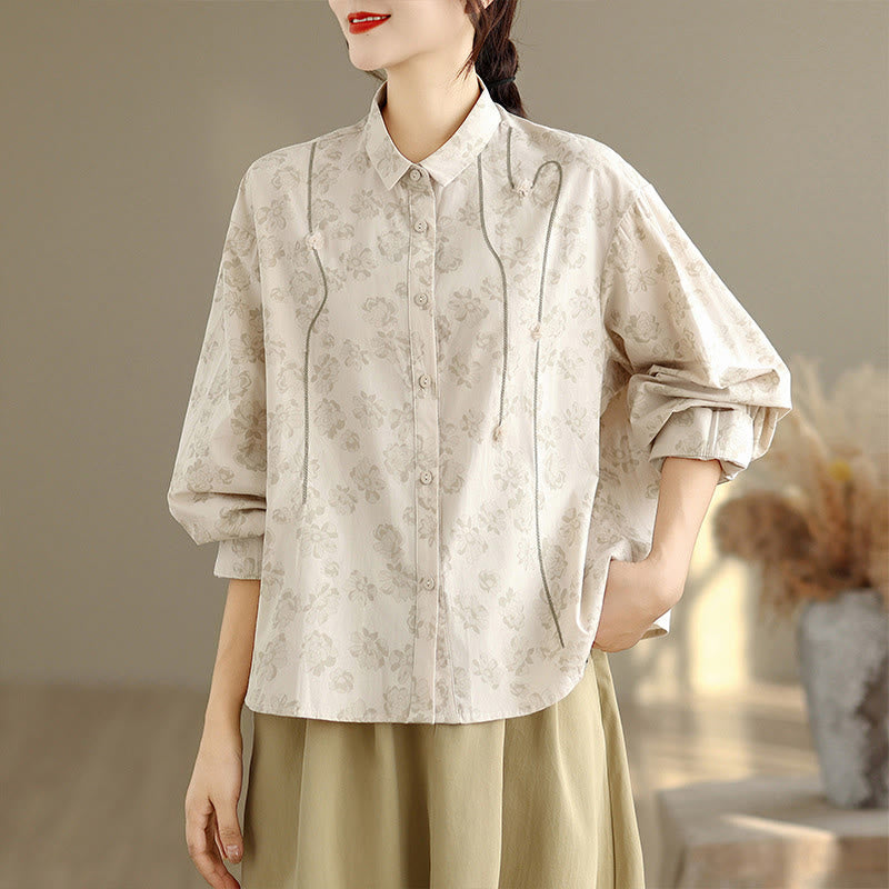 Chemise décontractée à manches longues en polyester pour femme, motif floral brodé Buddha Stones - image 16