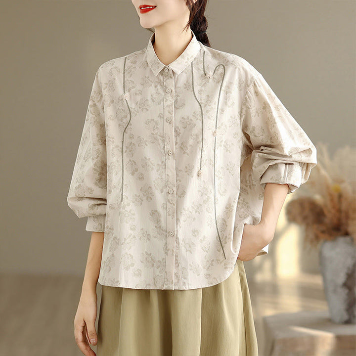 Chemise décontractée à manches longues en polyester pour femme, motif floral brodé Buddha Stones - image 16