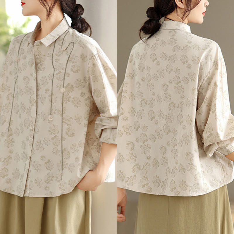 Chemise décontractée à manches longues en polyester pour femme, motif floral brodé Buddha Stones - image 18