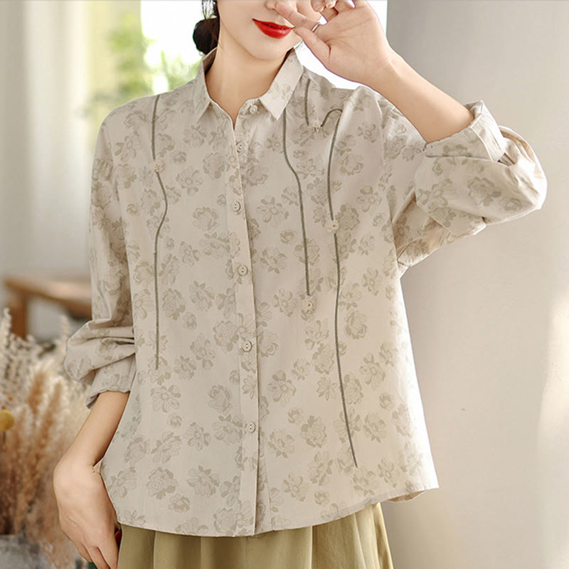 Chemise décontractée à manches longues en polyester pour femme, motif floral brodé Buddha Stones - image 15