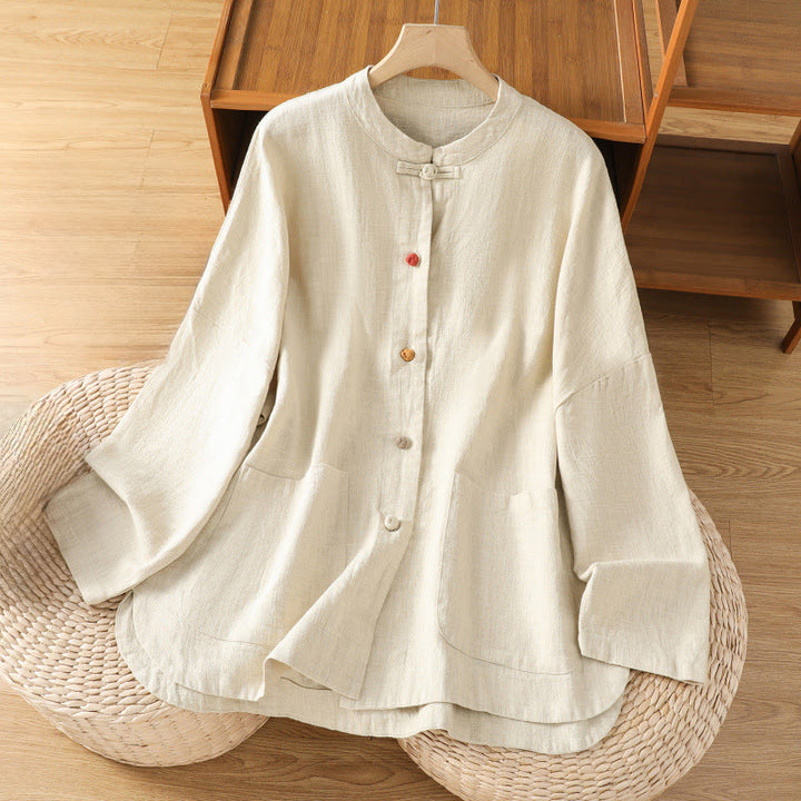 Chemise décontractée à manches longues en coton et polyester pour femme, avec boutons grenouille et poches, Buddha Stones - Beige - US14，UK/AU18，EU46 (2XL) - image 0