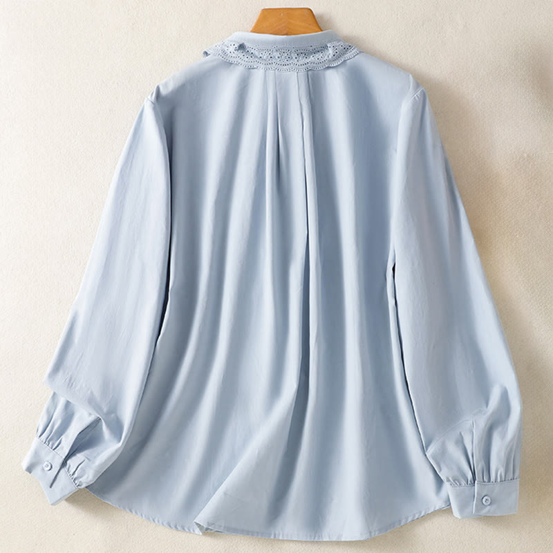 Chemise décontractée en coton à manches longues et revers en dentelle pour femme Buddha Stones - image 1