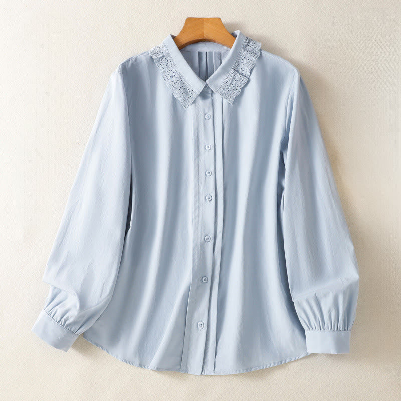 Chemise décontractée en coton à manches longues et revers en dentelle pour femme Buddha Stones - Bleu ciel clair - US12，UK/AU16，EU44 (2XL) - image 0