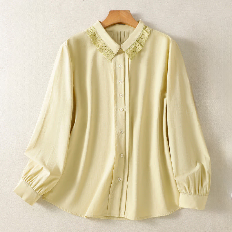 Chemise décontractée en coton à manches longues et revers en dentelle pour femme Buddha Stones - Kaki - US12，UK/AU16，EU44 (2XL) - image 9