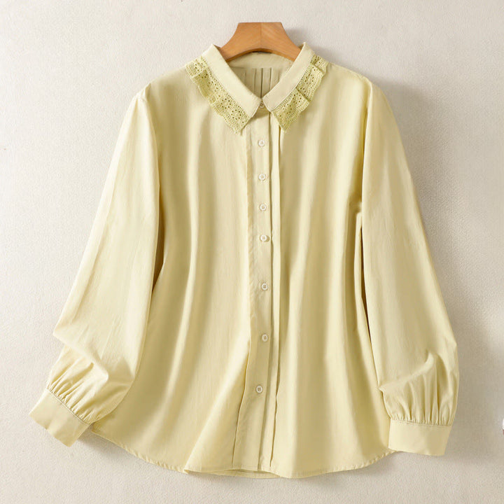 Chemise décontractée en coton à manches longues et revers en dentelle pour femme Buddha Stones - Kaki - US12，UK/AU16，EU44 (2XL) - image 9