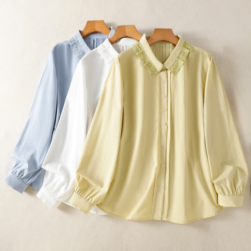 Chemise décontractée en coton à manches longues et revers en dentelle pour femme Buddha Stones - image 27