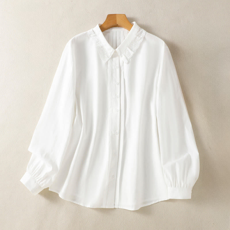 Chemise décontractée en coton à manches longues et revers en dentelle pour femme Buddha Stones - Blanc - US12，UK/AU16，EU44 (2XL) - image 19