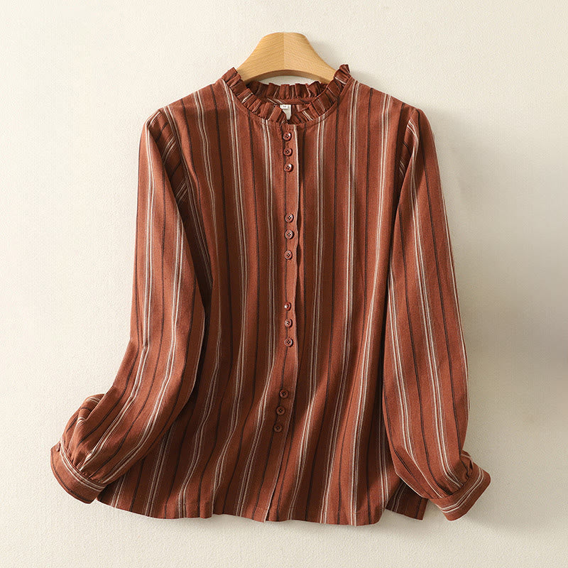 Chemise décontractée à manches longues en polyester pour femme, motif Buddha Stones, à rayures rétro - Brique réfractaire - US12，UK/AU16，EU44 (2XL) - image 0