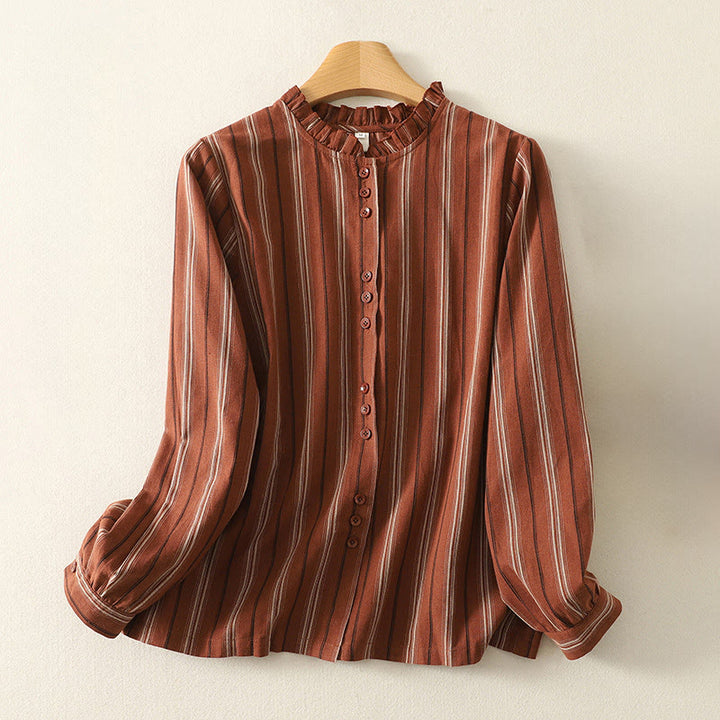Chemise décontractée à manches longues en polyester pour femme, motif Buddha Stones, à rayures rétro - Brique réfractaire - US12，UK/AU16，EU44 (2XL) - image 0