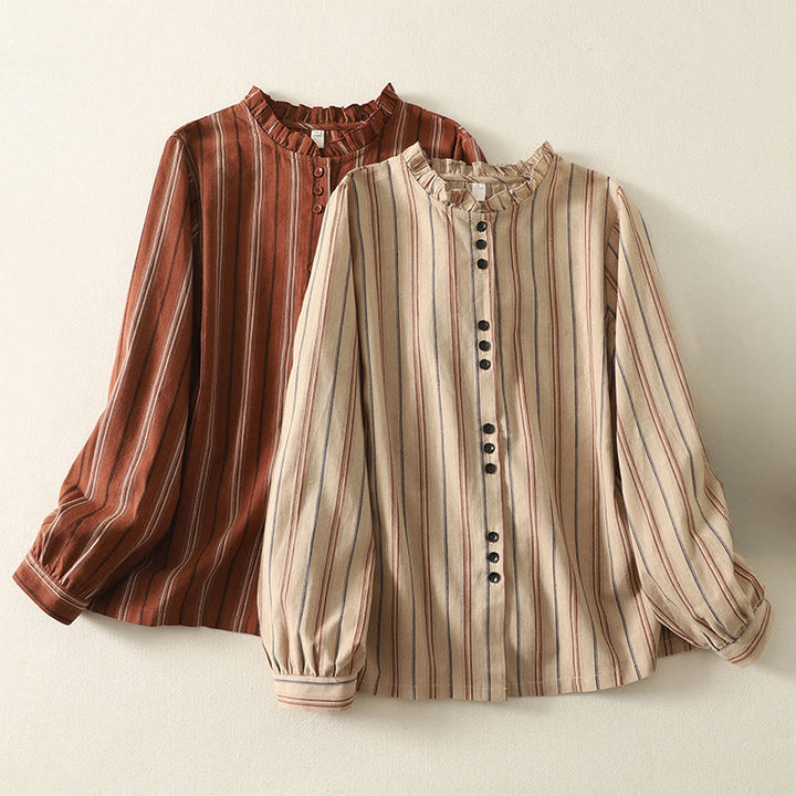 Chemise décontractée à manches longues en polyester pour femme, motif Buddha Stones, à rayures rétro - image 14