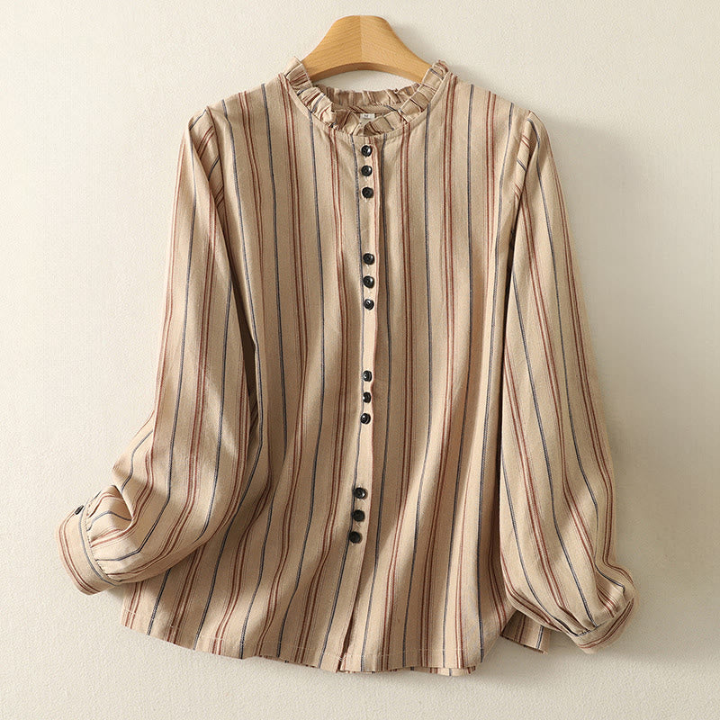 Chemise décontractée à manches longues en polyester pour femme, motif Buddha Stones, à rayures rétro - BurlyWood - US12，UK/AU16，EU44 (2XL) - image 5