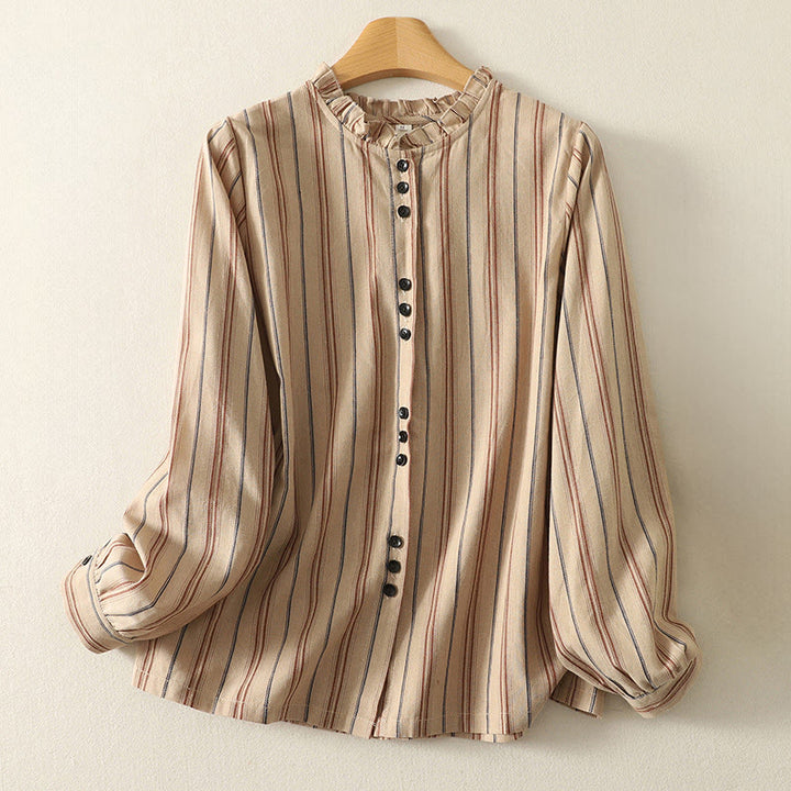 Chemise décontractée à manches longues en polyester pour femme, motif Buddha Stones, à rayures rétro - BurlyWood - US12，UK/AU16，EU44 (2XL) - image 5