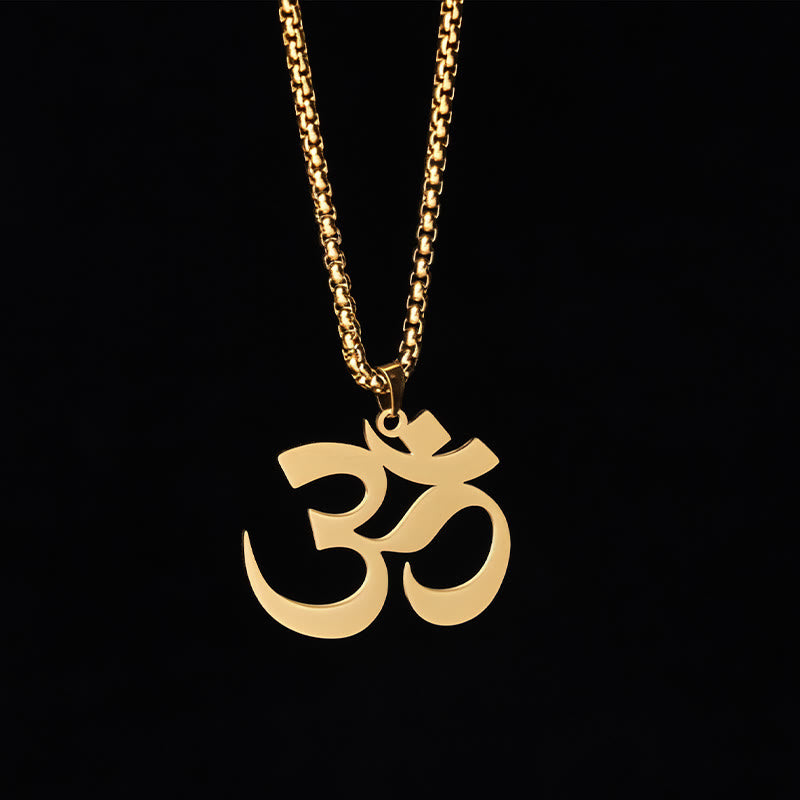 Buddha Stones Collier pendentif en acier inoxydable avec symbole Om et mantra - Or - image 0