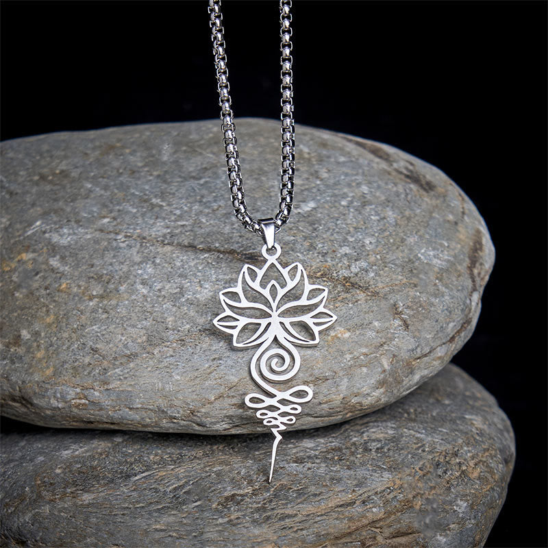 Collier pendentif en acier inoxydable représentant le symbole du chakra Unalome et des Buddha Stones - Argent - image 0