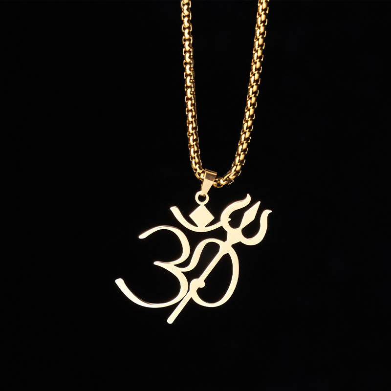 Collier pendentif en acier inoxydable avec symbole OM et trident en Buddha Stones - Or - image 0