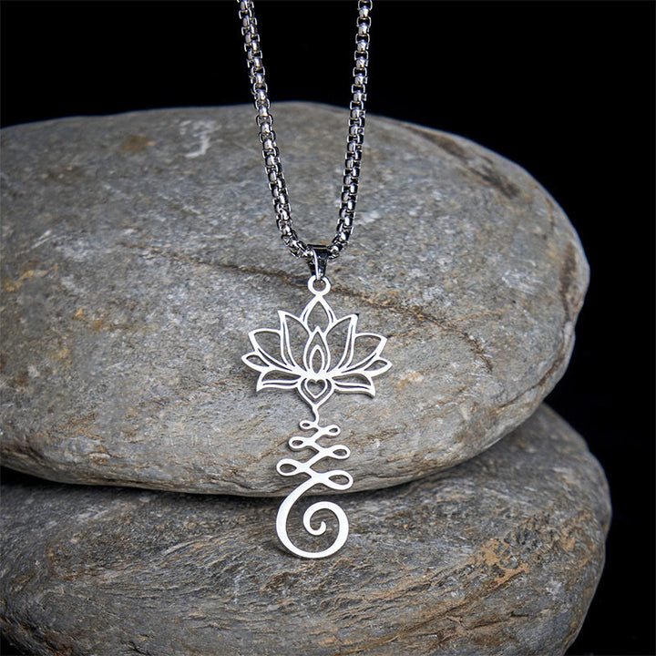 Collier pendentif en acier inoxydable Buddha Stones et symbole des chakras, motif irrégulier, lotus, illumination - Argent - image 0