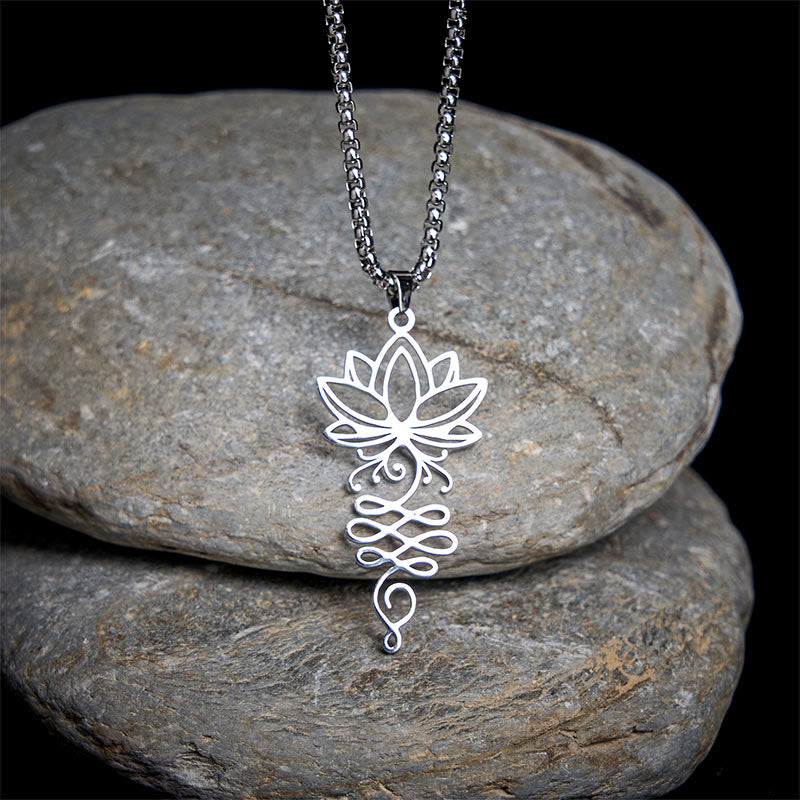 Collier pendentif en acier inoxydable avec Buddha Stones et vignes de lotus, symbole des chakras - Argent - image 0