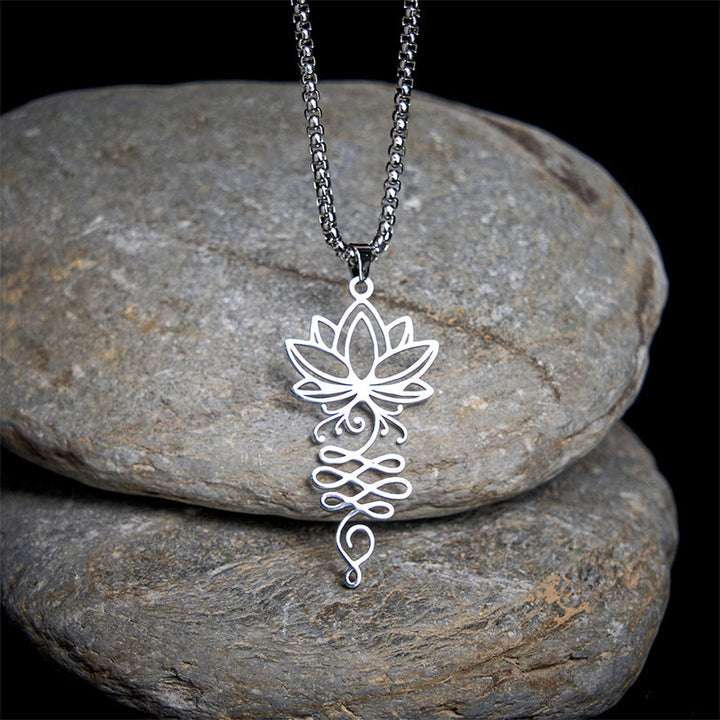 Collier pendentif en acier inoxydable avec Buddha Stones et vignes de lotus, symbole des chakras - Argent - image 0