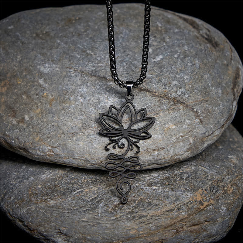 Collier pendentif en acier inoxydable avec Buddha Stones et vignes de lotus, symbole des chakras - Noir - image 9