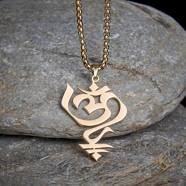 Collier pendentif en acier inoxydable avec Buddha Stones et symbole OM vintage - Or - image 0