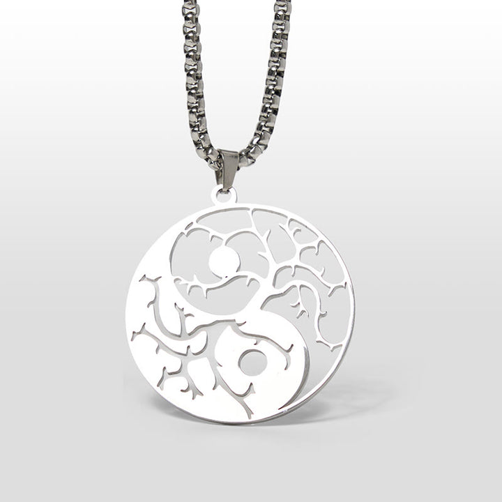 Collier pendentif en acier inoxydable avec branches de Buddha Stones et motif Yin Yang creux - Argent - image 7