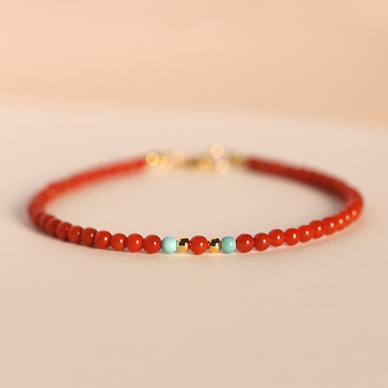 Bracelet Buddha Stones 3 mm en perles d'agate rouge naturelle du Sud ultra-fines - Agate rouge du Sud et turquoise 3 mm (tour de poignet : 14-17 cm) - image 0