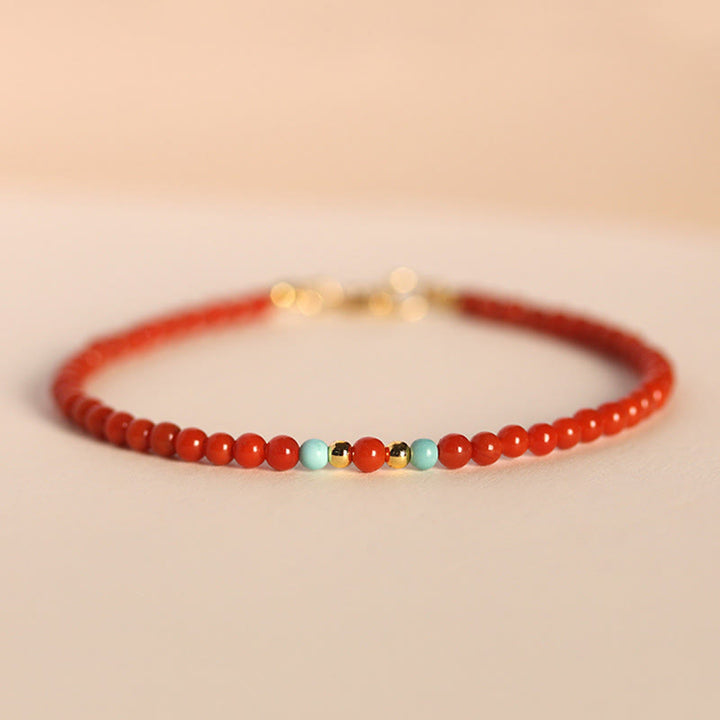 Bracelet Buddha Stones 3 mm en perles d'agate rouge naturelle du Sud ultra-fines - Agate rouge du Sud et turquoise 3 mm (tour de poignet : 14-17 cm) - image 0