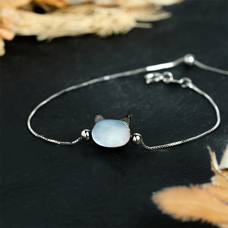 Buddha Stones Bracelet en argent sterling 925 avec pierre Tridacna et tête de chat porte-bonheur - Pierre de Tridacna noire - 17-22 cm - image 0