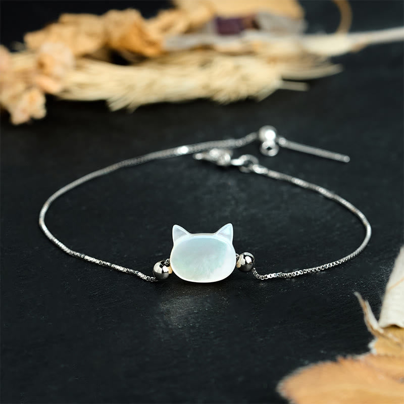 Buddha Stones Bracelet en argent sterling 925 avec pierre Tridacna et tête de chat porte-bonheur - Pierre de Tridacna blanche - 17-22 cm - image 8