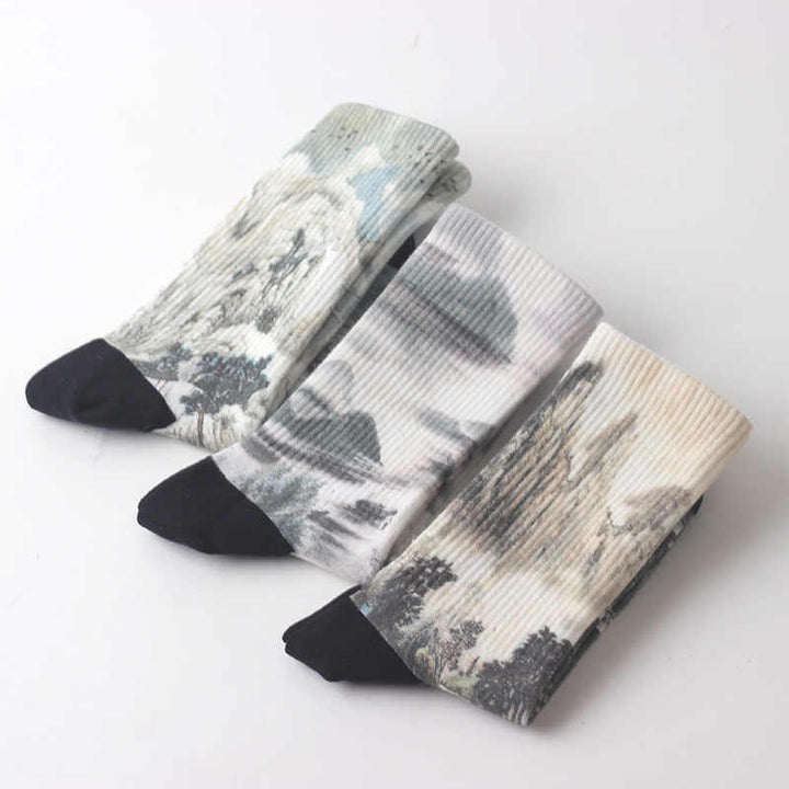 Lot de trois paires de chaussettes unisexes pour homme et femme, motif paysage, peinture à l'encre de Chine, Buddha Stones - image 1