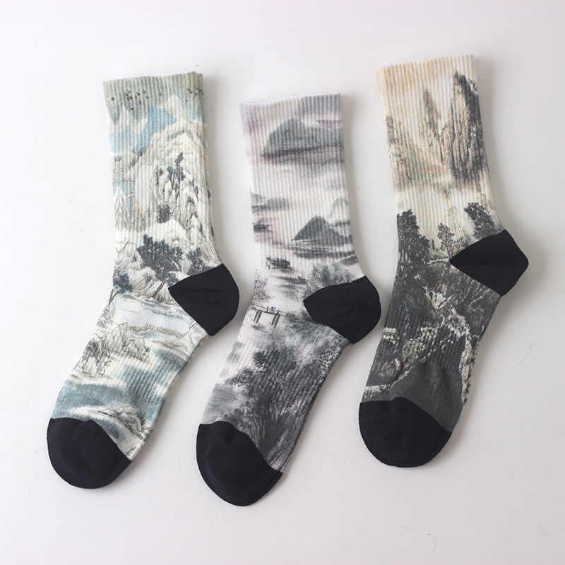 Lot de trois paires de chaussettes unisexes pour homme et femme, motif paysage, peinture à l'encre de Chine, Buddha Stones - Lot de trois paires de chaussettes Color Splash - Taille unique (US5,5–10, EU37–42, UK/AU4-9, Asie23,5-26,5 cm) - image 0