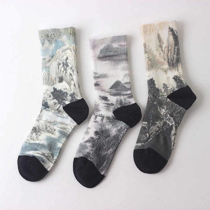 Lot de trois paires de chaussettes unisexes pour homme et femme, motif paysage, peinture à l'encre de Chine, Buddha Stones - Lot de trois paires de chaussettes Color Splash - Taille unique (US5,5–10, EU37–42, UK/AU4-9, Asie23,5-26,5 cm) - image 0