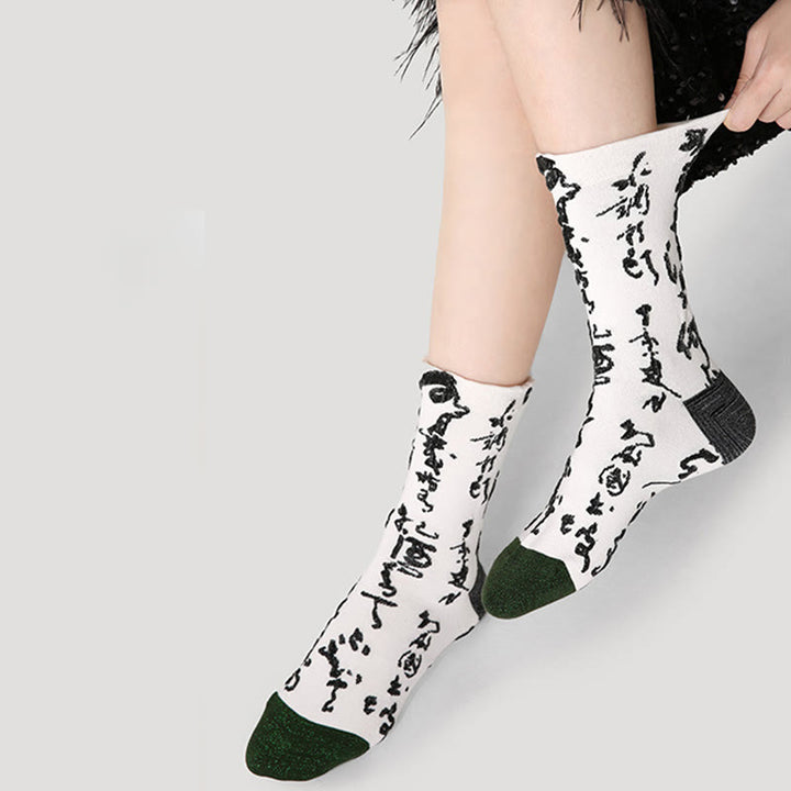 Chaussettes en coton pour femmes, motif de calligraphie chinoise, Buddha Stones, couleurs assorties - image 4