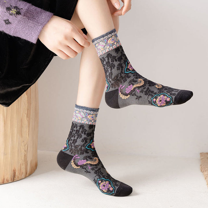 Chaussettes mi-mollet en coton à motif floral rétro en relief Buddha Stones pour femmes - image 7