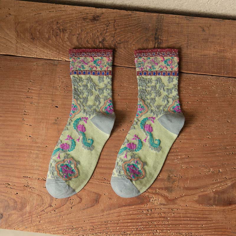 Chaussettes mi-mollet en coton à motif floral rétro en relief Buddha Stones pour femmes - Vert clair - Taille unique (US4–9, EU34–39, UK/AU2,5-6, Asie22-24,5 cm) - image 1