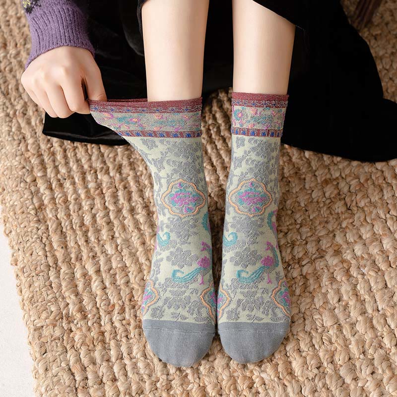 Chaussettes mi-mollet en coton à motif floral rétro en relief Buddha Stones pour femmes - image 3