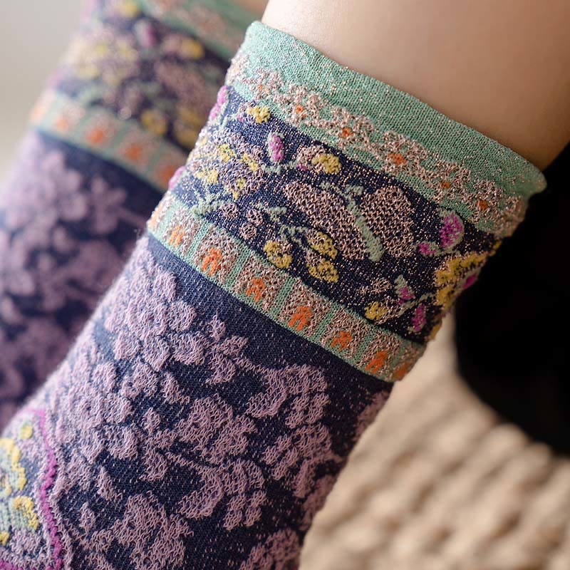 Chaussettes mi-mollet en coton à motif floral rétro en relief Buddha Stones pour femmes - image 11