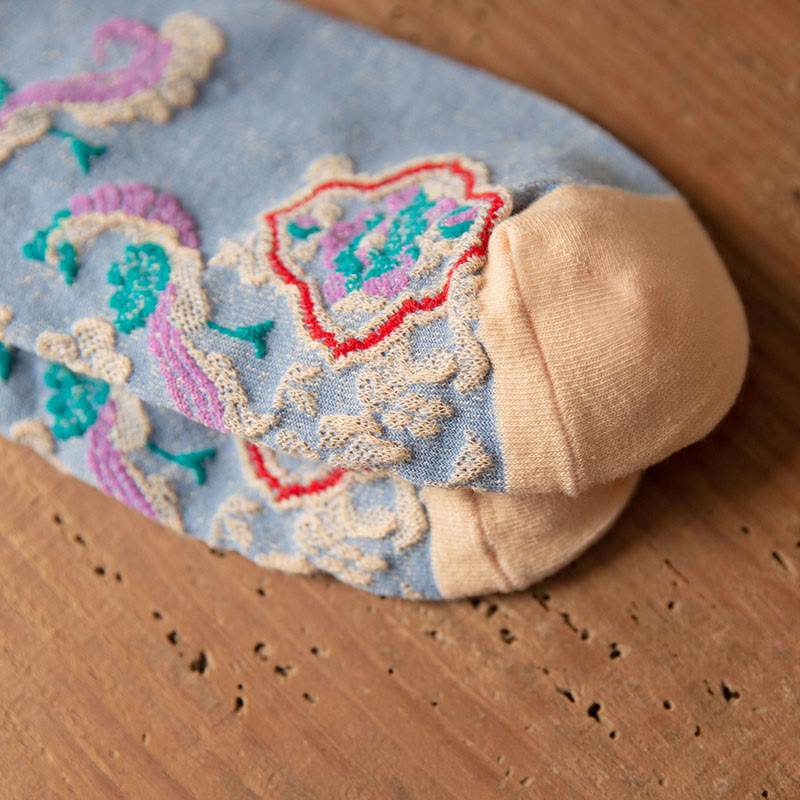Chaussettes mi-mollet en coton à motif floral rétro en relief Buddha Stones pour femmes - image 20